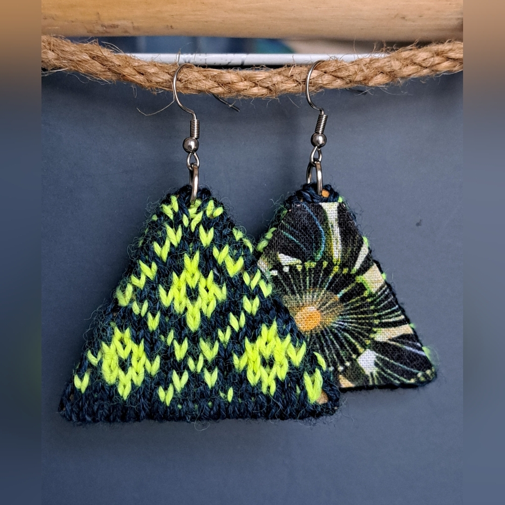Triangle Colorwork Knit Earrings Dark Green Neon Yellow Premium Yarn